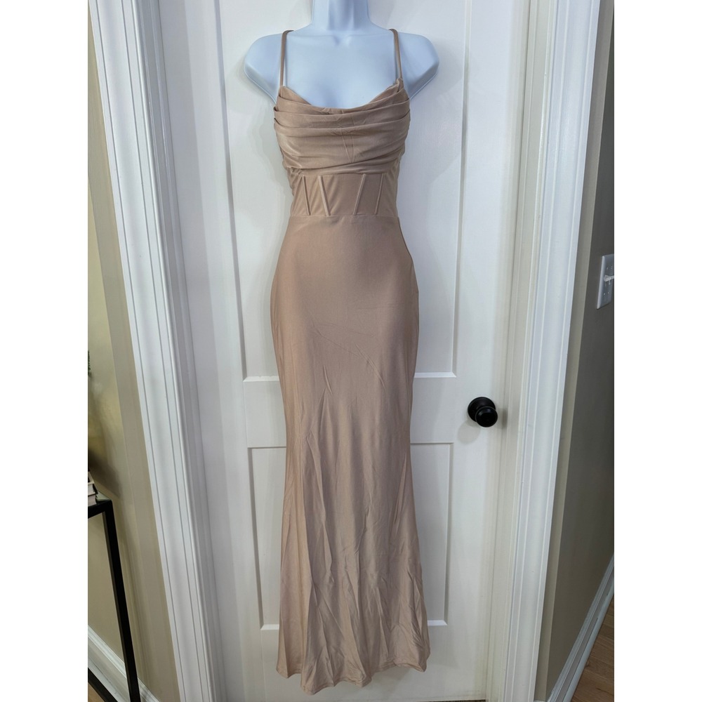 Windsor Taupe Cowl Neck Corset Bodice Maxi Dress XS GSD308097-TAUPE NEW